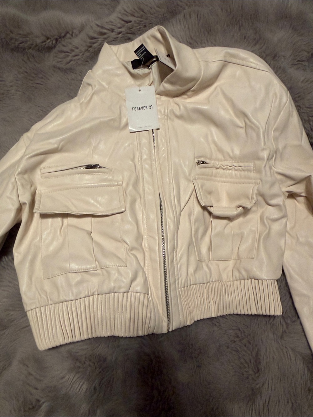 Forever 21 Cream Cropped Faux Leather Bomber Jacket